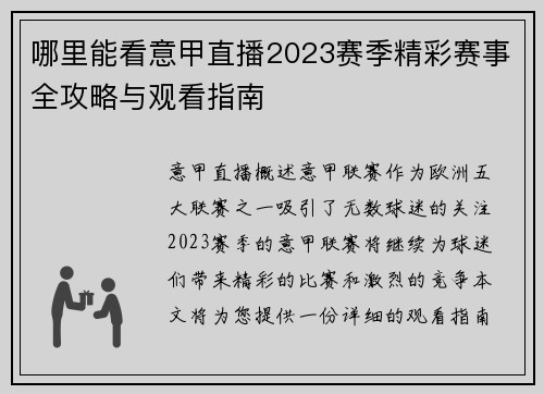 哪里能看意甲直播2023赛季精彩赛事全攻略与观看指南