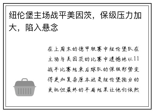 纽伦堡主场战平美因茨，保级压力加大，陷入悬念